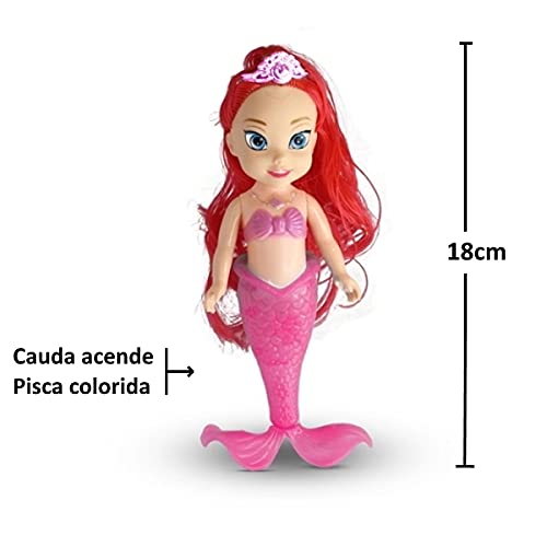 Kit Boneca Sereia com Luz e Acessórios + Copo de Coroa da Ariel Pequena Sereia (Rosa)