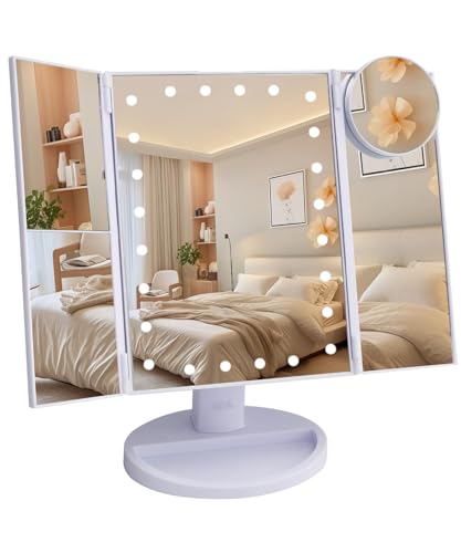 Ms. Pen- Tri-Fold Makeup Mirror Vanity with Lights, 9' x 13.6', 1X/2X/3X/10X Magnification, 24 LED Touch Screen, Dual Power Supply, 180° Rotation, Portable Lighted Cosmetic Mirror for Makeup & Travel
