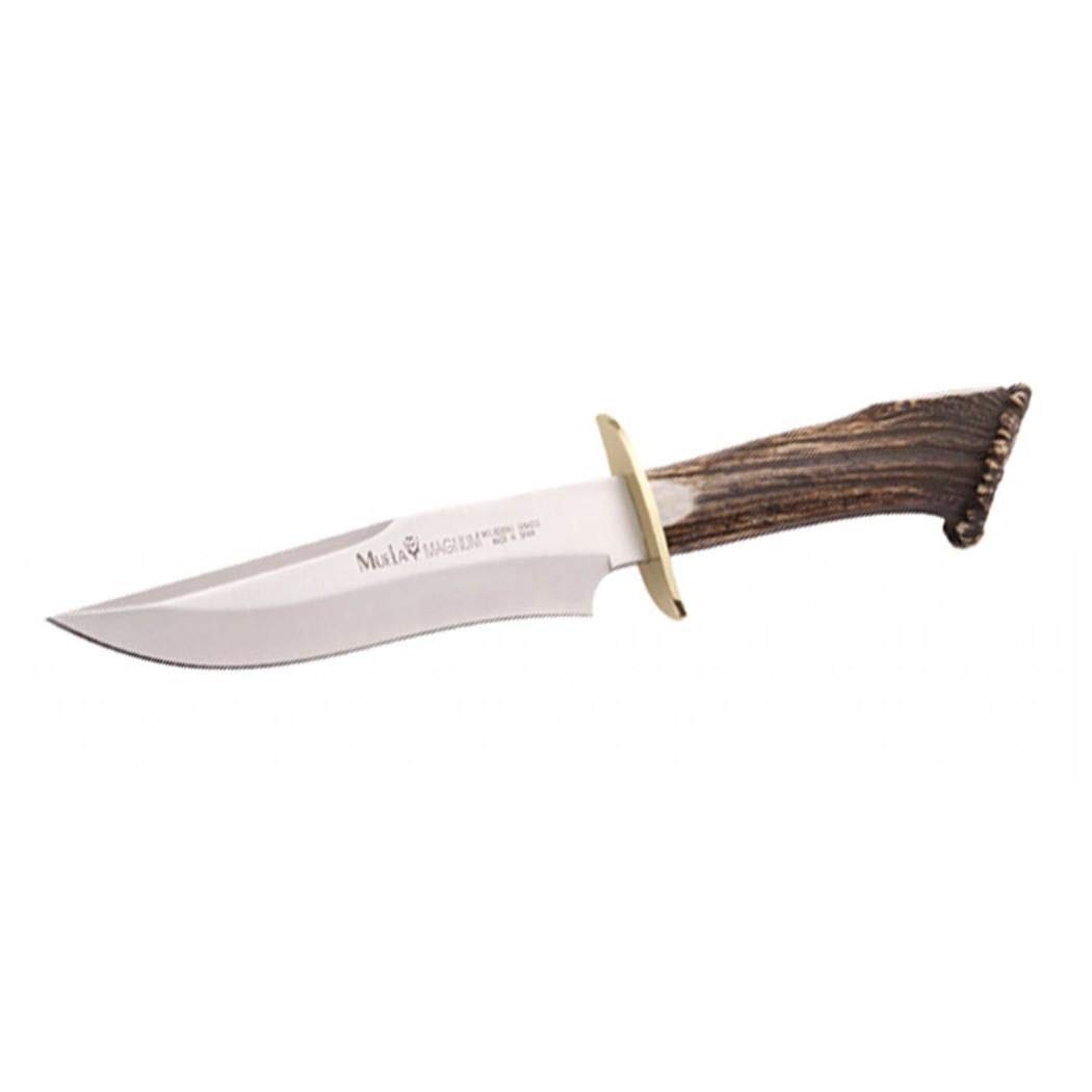 Muela Cuchillo MAGNUM MAGNUM-17S hoja de acero MoVa de 18 cm y empuñadura de asta de ciervo para Caza, Pesca, Supervivencia y Bushcraft Realizado en Ciudad Real + Portabotellas de regalo
