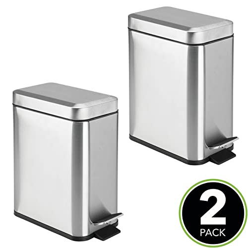 Mdesign Small Modern 1.3 Gallon Rectangle Metal Lidded Step Trash Can, Compact Garbage Bin With Removable Liner Bucket/Handle For Bathroom, Kitchen, Craft Room, Office, Garage, 2 Pack, Brushed Chrome #TOP1