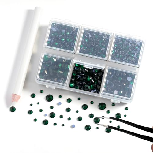 Image of BEADSLAND Hotfix Rhinestones, 4000 PCS Green Rhinestones for Clothes Crafts Mixed 6 Sizes with Wax Pencil and Tweezers Kit, SS6-SS30, Emerald