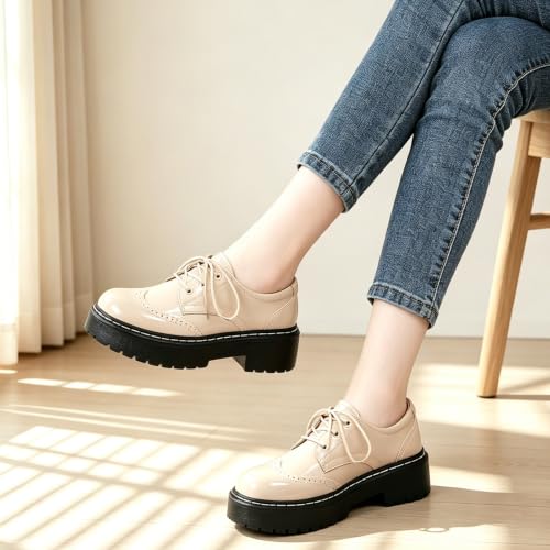 Image of Womens Oxford Shoes Black Leather Platform Oxford Shoes for Women Brogue