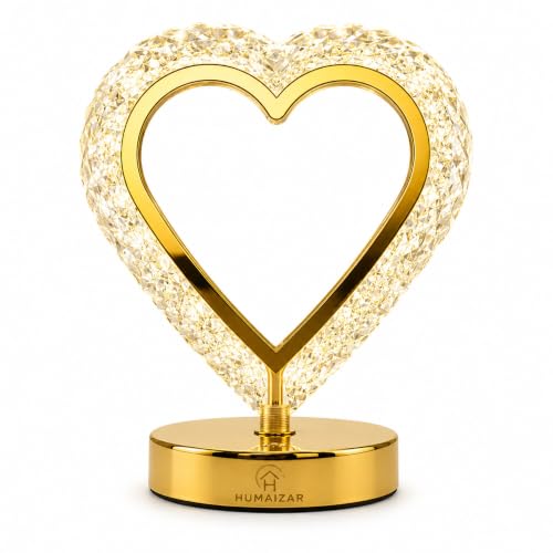 Image of HUMAIZAR Heart Crystal Rechargeable LED Table Lamp, USB Type-C Charging, Touch Control, Warm White LED, Premium Gold Metal & Crystal Acrylic Night Light for Bedroom, Living Room, Home Decor & Gift