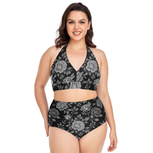 Bikini de talla grande de cintura alta con estampado floral gótico y ajuste halter seguro