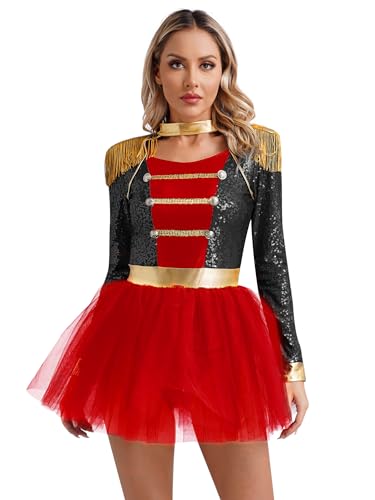 Alvivi Disfraz de Bailarina Circo para Mujer Maillot Lentejuelas de Gimnasia Rítmica con Flecos Vestido Tutú de Majorette Circo Ringmaster para Fiesta Carnaval S-3XL Negro M