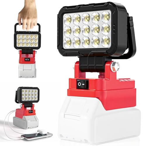 LED Work Light Compatible with Milwaukee m18 18V Battery 40W 6000LM Cordless Work Light with 2 USB Charging Port 145 Adjustable Angle Portable Home Light Accessory Flashlight (Battery NOT included)