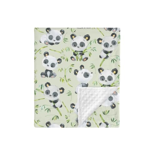 Image of HawSkgFub Cute Panda Bear Mink Baby Blankets with Dotted Backing Boy Girl Shower Gift, Neutral Green Bamboo Double Layer Nursery Swaddle, Soft Newborn Infant Toddler Bed Crib Bedding 30 x 40