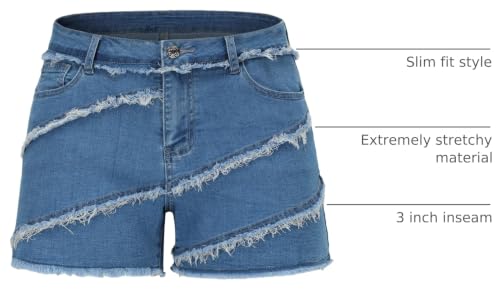 Image of THUNDER STAR Women Mid Rise Ripped Stretchy Jeans Shorts Frayed Raw Hem Casual Denim Shorts