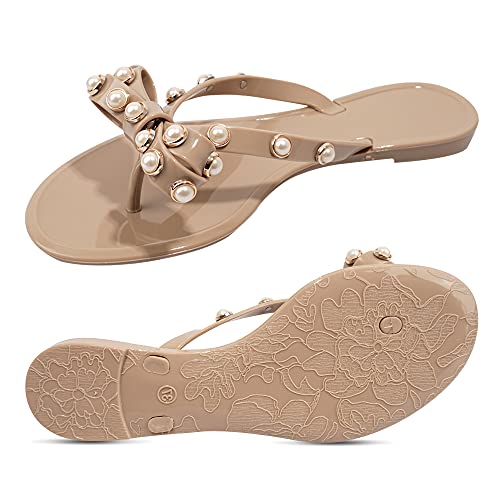 Image of TYFLOVE Women Rivet Flip Flops Studded Jelly Thong Sandals with Bow Summer Bowtie Flat Beach Rain Shoes
