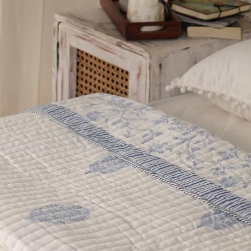 Image of Peepul Tree 100% Cotton Malmal AC Comforter 60 x 90 Inches, Best for Summers Lightweight, Soft, Breathable & Reversible AC Blanket for Single Bed, Off White & Blue