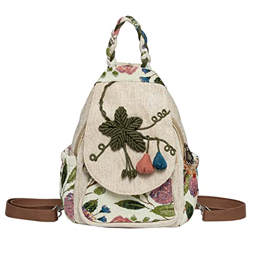 LOZENY Casual Canvas Backpack，Cotton Woven，Versatile hand-woven cotton linen bag small shoulder small fresh light fashion lightweight cloth leisure art backpack