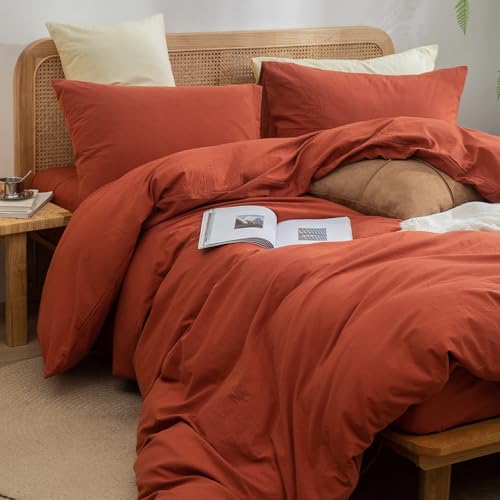 Image of BESTOUCH Cotton Solid Duvet Cover Set Burnt Brick Red Oversized Full | 100% Washed Cotton, Soft Wrinkle Texture, Hidden Zipper, 8 Ties, Breathable Lightweight Durable Comfy, 3 Pcs No Insert