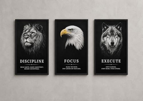 Image of Motivational Wall Art Frames Set of 3 | Discipline Focus Execute Inspirational Posters with Lion Eagle Wolf | Modern Wall Decor for Office Gym Study Room | 8 x 12 Inch