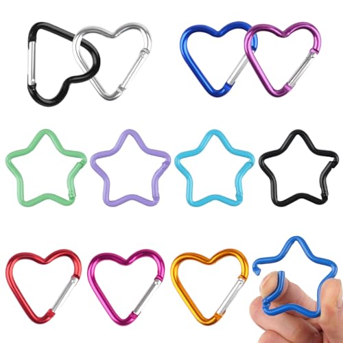 Juego de 12 mosquetones, clips de mosquetón de colores, en corazón y estrella, con cierre a presión
