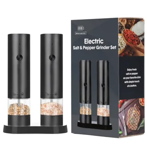 Electric Salt and Pepper Grinder Set, Rechargeable, 20 cm Height, Black, 2-Piece with Stand