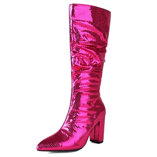 MEOTINA Glitter Boots for Women Metallic Knee High Booties Glitter Pointed Toe Chunky Heel Sparkly Gogo Boot Pull On Fashion Dress Shoes