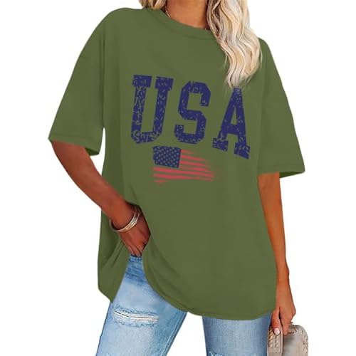 Womens Oversized Tshirt Graphic Tees Crew Neck Summer Short Sleeve Loose Fit Tops, Green American Flag, S