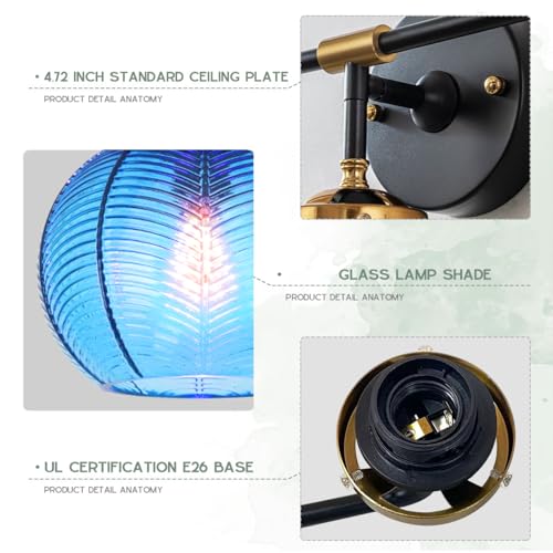 Image of Vanity Lights for Bathroom,Mid Century Vanity Light Black Sconce Blue Bathroom Light Fixture Over Mirror Ribbed Glass Globe Shade Art Deco Vanity Lights Modern Wall Sconce 3-Lights
