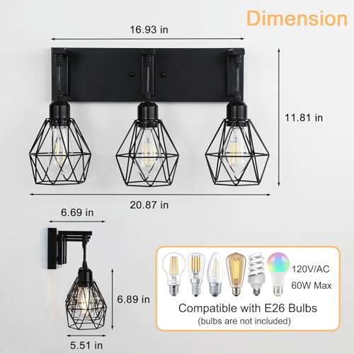 Image of Somniferous Farmhouse Bathroom Light Fixtures, 3 Light Bathroom Vanity Lights Over Mirror, Black Vanity Light with Caged Metal Shade, Rustic Wall Sconce for Bedroom, Living Room, Hallway, E26 Socket