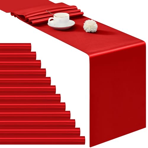 12 Pack Red Satin Table Runner 12×72 Inch Bright Smooth Silk Table Runner for Wedding Party Banquet Events Graduations Decoration fit Rectange and Round Table-Red