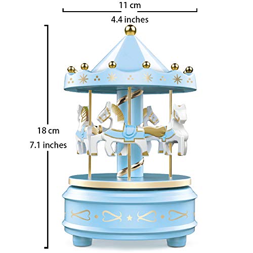 WEofferwhatYOUwant Carousel Music Box Blue – Rotating Horse Merry Go Round with LED Lights | Plays Beethoven’s Für Elise | Wind-Up Mechanical Toy | Cake Topper, Nursery Decor & Gift for Kids & Adults