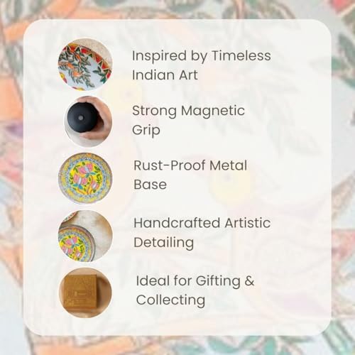 Image of Ritualistic Madhubani Metal Fridge Magnet Set of 3 | 9cm+7.3cm+5.6cm | Hand-Painted Mithila Bihar Folk Art | Decorative Refrigerator Magnets | Diwali Corporate Souvenir & Return Gift