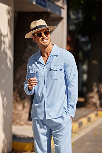 Coofandy Men's 2 Pieces Cotton Linen Set Casual Long Sleeve Button Down Shirts With Two Pockets（Blue,Xl #TOP4