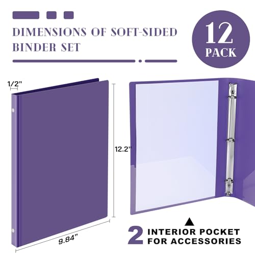 Fulmoon 12 Pcs Economy View 3 Ring Plastic Binder 12.2 x 9.8 Inch Plastic Round Ring Binders with Pockets Notebinder for Meetings for Home, Office, School(Purple, 1/2 Inch) - Image 2