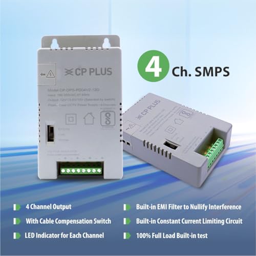 Image of CP PLUS 4 Channel CCTV Power Supply SMPS |12V 3A High Efficiency Adapter with LED Indicators| EMI Filter| Overload & Short Circuit Protection| Use for Video Surveillance Cameras| CP-DPS-PD04V2-12D