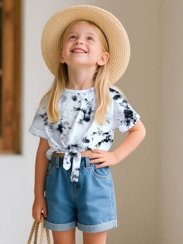 Image of Girls Crop Top Tie Dye Short Sleeve Summer T Shirt Rolled Cuffs Tie Hem Fashion Shirts Tee 4-15 Years
