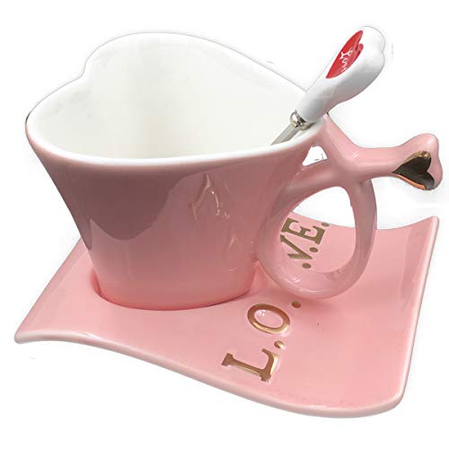 UUOUU Taza de café de cerámica con forma de corazón rosa creativa...