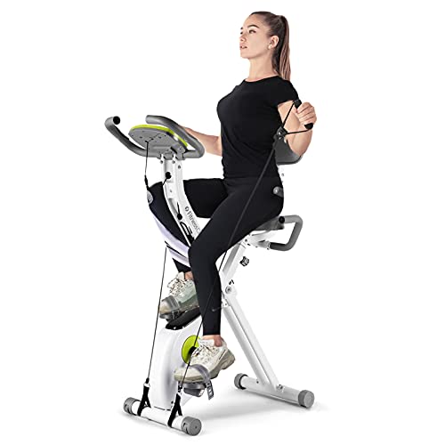 FitnessClub X-Bike Klappbar, Indoor Heimtrainer Fahrrad Höhenverstellbar, 8 magnetische Widerstandseinstellungen, mit Rückenlehne, Handpulsmessung und LCD Monitor, inkl. Spannungsseil Cover