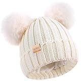 Kids Winter Beanie Hat Warm Ski Caps with Pompom Fleece Lined Children's Knit Hat for Boys Girls White