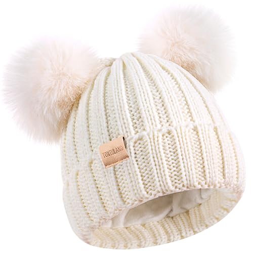 Kids Winter Beanie Hat Warm Ski Caps with Pompom Fleece Lined Children's Knit Hat for Boys Girls White