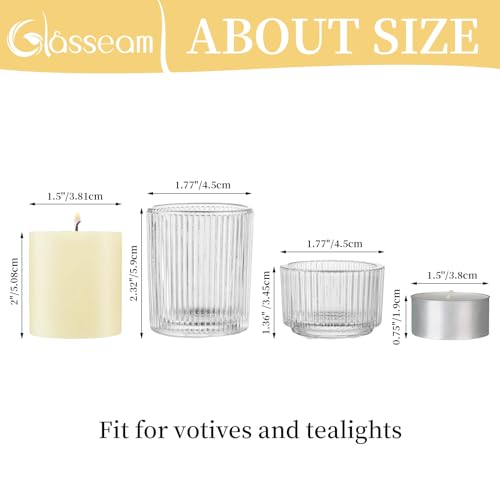 Glasseam Glass Votive Tealight Candle Holder: Glasseam Small Clear Tea Light Holders Set Of 8 Decorative Ribbed Tea Lights Holder thumb #4