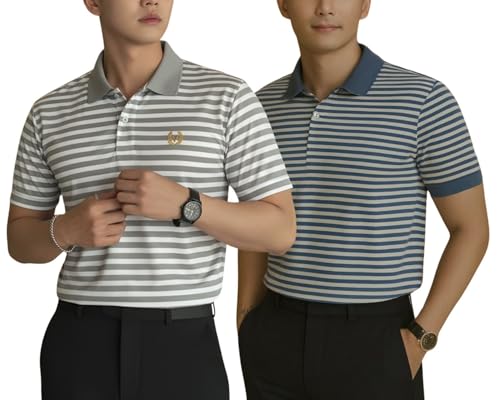 Image of MACK JONNEY Men's Cotton Polo T-Shirt | Regular Fit | Short Sleeve | Striped Casual Wear | Pack of 2 -MJ-1