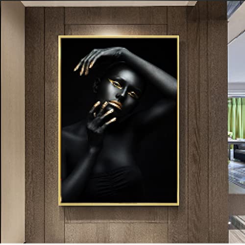 Toile femme africaine noire et dorée pop art scandinave 50x70cm sans cadre pour salon