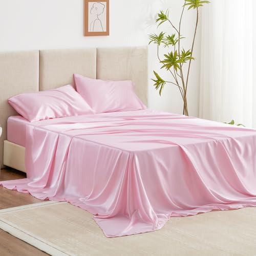 Love's cabin Full Size Satin Sheet Sets - 4 Piece Pink Silky Sheet Set Full with Deep Pocket, Luxury Silk Feel Bed Sheets Full Bedding Set (1 Flat Sheet,1 Fitted Sheet,2 Pillow Cases)