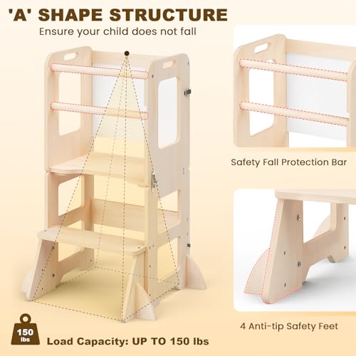 Woodure 4-in-1 Toddler Kitchen Step Stool, Foldable Learning Standing Tower with Whiteboard, Wooden Kitchen Stool Helper for Kids, 1-3 Year Old Boy Girl Gifts