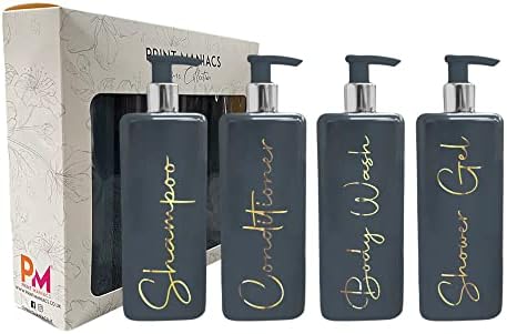 Print Maniacs Mrs Hinch Inspired Signature Grey 500ml Square Reusable Dispenser Bottle Silver Pump Personalised Bathroom Storage Toiletries Set F2 (White, Shampoo and Conditioner)