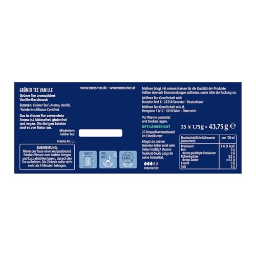 Meßmer Grüner Tee Vanille | 25 Teebeutel | Vegan | Glutenfrei | Laktosefrei