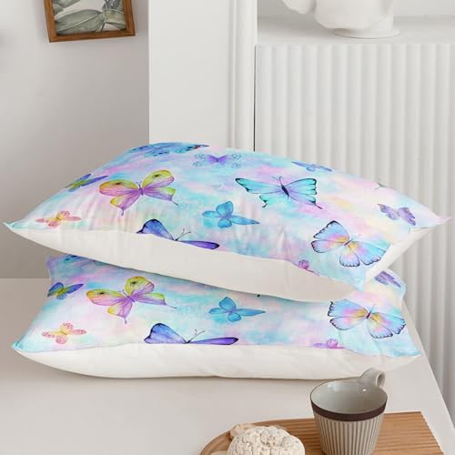 Image of QOOMO Cute Butterfly Kids Comforter Set,Cartoon Insects Print Bedding Set Queen Size for Boys Girls Room Decoration,Colorful Bed Set Microfiber Lightweight,1 Comforter Set 2 Pillowcases