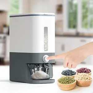 DROZIP Rice Dispenser Rice Container Rice Bucket Sealed Grain Container Can Press Out The Rice With A Transparent Measuring Cup for Storing Food And Grains 10Kg (Gray)