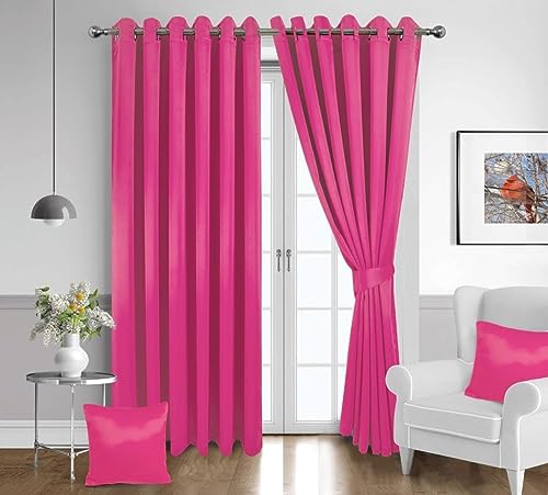 Eyelet Blackout Curtains For Bedroom Including 2 Cushion Covers, 2 Brackets & Tiebacks, Thermal Insulated Ring Top Window Treatments Curtain Pairs For Living Room (90 X 54 Inches, Fuchsia/Pink)