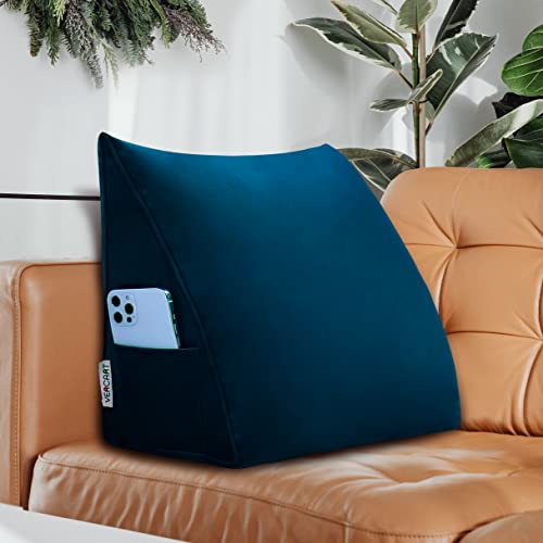 VERCART Coussin de Lecture Triangulaire Support Lombaire Gros Oreiller Cale Dos Tête de lit Rembourré Multifonctionnel en Velours pour Canapé Bleu 45cm