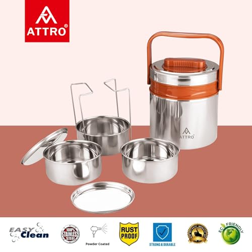 ATTRO Steel On 3 Insulated Tiffin Box, 3 Containers, Brown, 900ml - Image 7