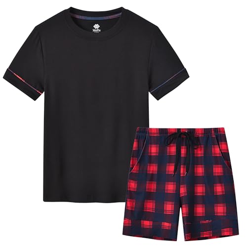 MoFiz Pijamas Niños Corto Suave Verano Conjunto de Pijama Dos Piezas Ropa de Dormir Manga Corta Camisetas de Pijama y Pantalón Cortos a Cuadros Negro 14 16 Años (152 164)
