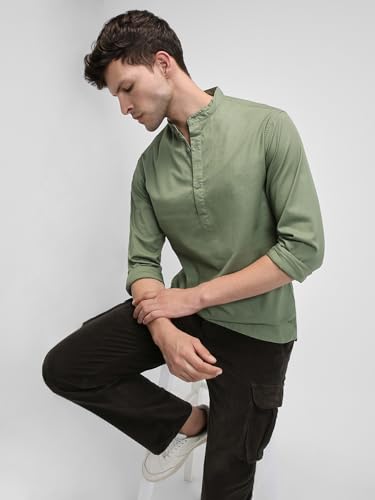 Image of Dennis Lingo Men's Cotton Solid Slim Fit Mandarin Collar Full Sleeves Casual Shirt