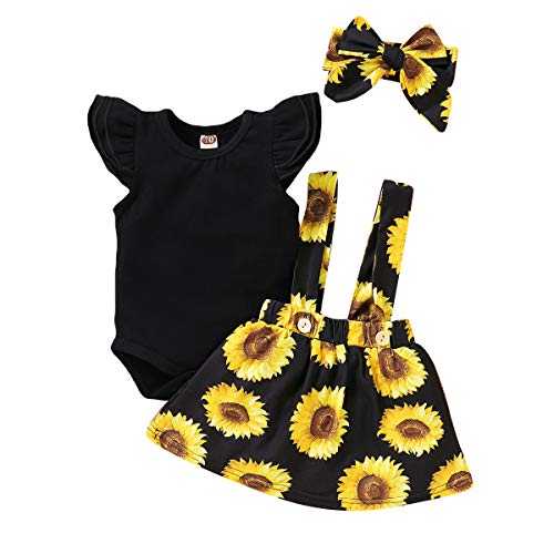 Image of YOUNGER TREE Infant Toddler Baby Girl Summer Outfit Sunflower Strap Sets Sleeveless Romper Suspender Skirt 3pcs Clothing Sets