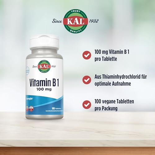 KAL Vitamin B1 | 100 mg | 100 Tabletten | Vitamin B | vegan | glutenfrei | ohne Gentechnik | laborgeprüft | Nahrungsergänzungsmittel mit Thiamin | normale psychische Funktion & Herzfunktion